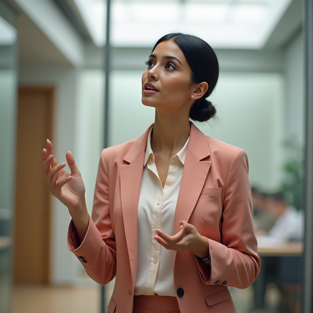 Profesionist exersând o prezentare într-o sală de curs luminoasă